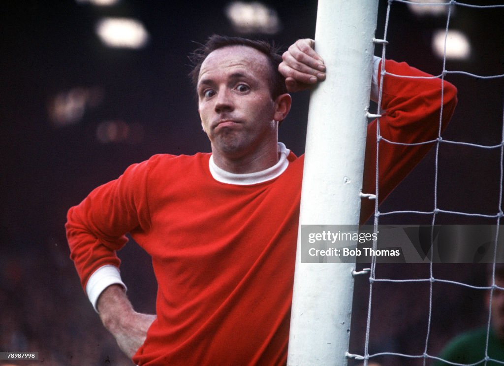 Football. Circa 1970's. Manchester United's Nobby Stiles stares into the camera as he leans on a goal post.