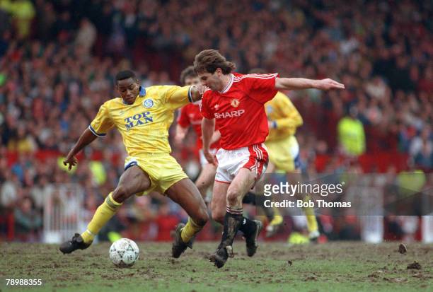 Circa 10th February 1991, Rumbelows Cup Semi-Final, 1st Leg, Manchester United 2, v Leeds United 1, Leeds United's Chris Fairclough contests a ball...