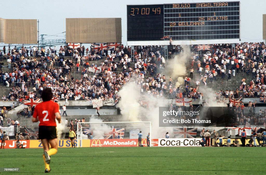 Sport. Football. pic: 1980. European Championship in Turin. England 1. v Belgium 1. Italian riot police fire teargas into the English fans.