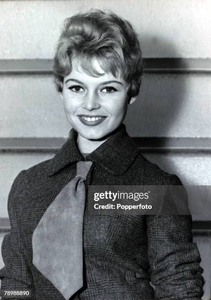 Cinema Personalities, pic: 27th October 1956, French film actress Brigitte Bardot, pictured in London as she is attending a Royal Command Film...