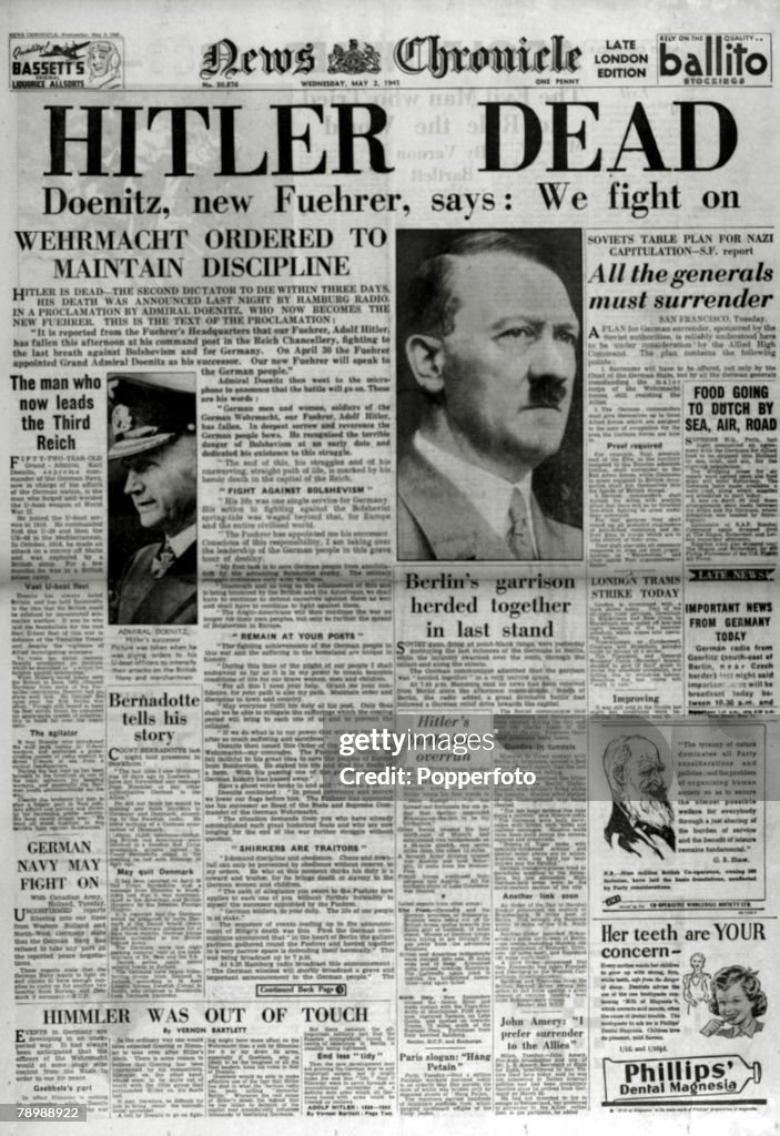 Publishing. Historic Newspaper Headlines. 2nd May 1945. The front page headline on the News Chronicletelling of the death of Adolf Hitler, the German leader having "thought" to have died in Berlin.