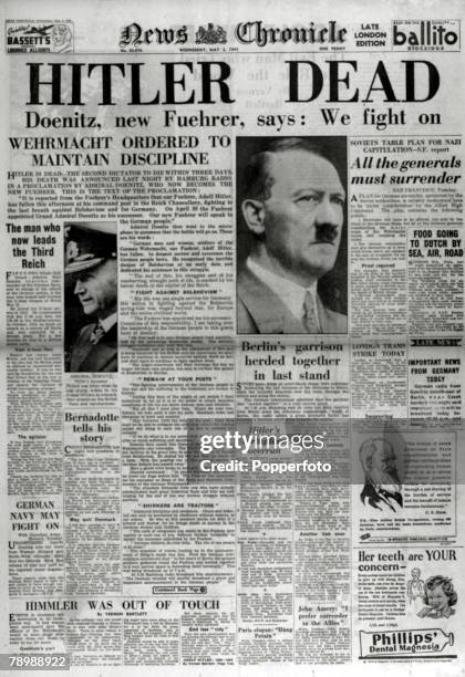 Publishing, Historic Newspaper Headlines, 2nd May 1945, The front page headline on the News Chronicletelling of the death of Adolf Hitler, the German...