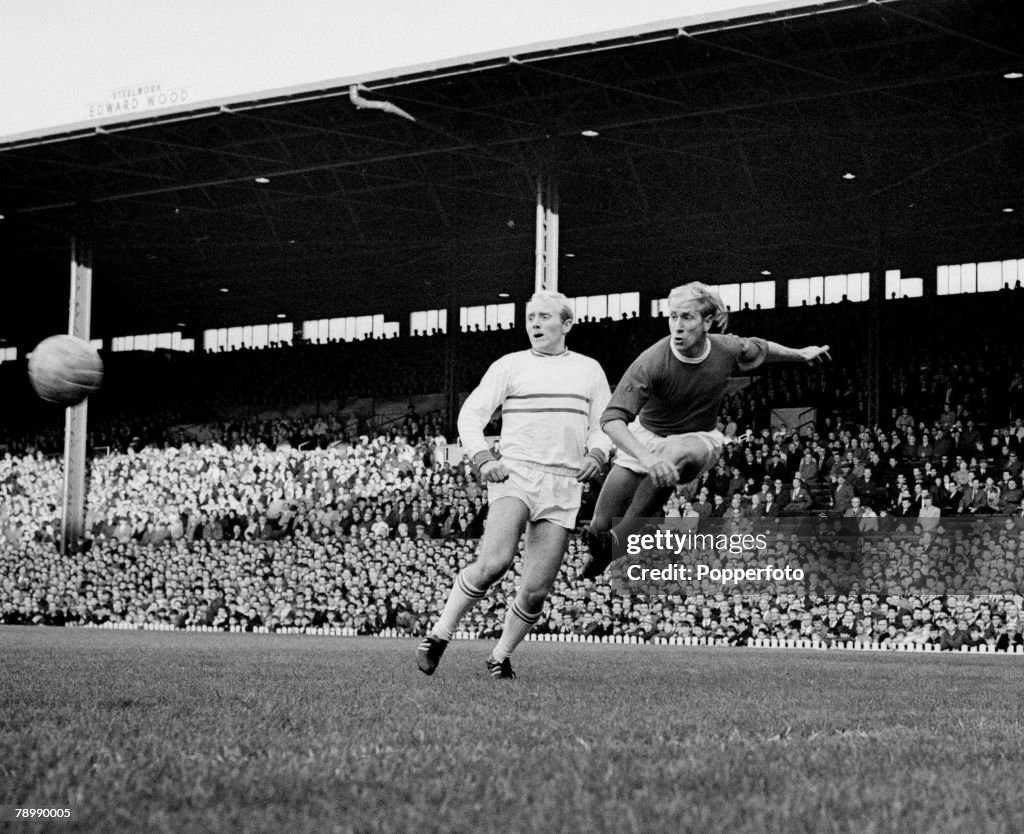 Football. September 1965. Inter-Cities Fairs Cup. Old Trafford. Manchester United v Strasbourg. Manchester United's Bobby Charlton kicks the ball.
