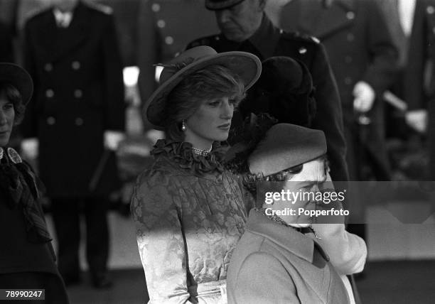 16th November 1982, The Princess of Wales pictured in London with H,M,The Queen as they wait the arrival of the Dutch Royal Family for an official...