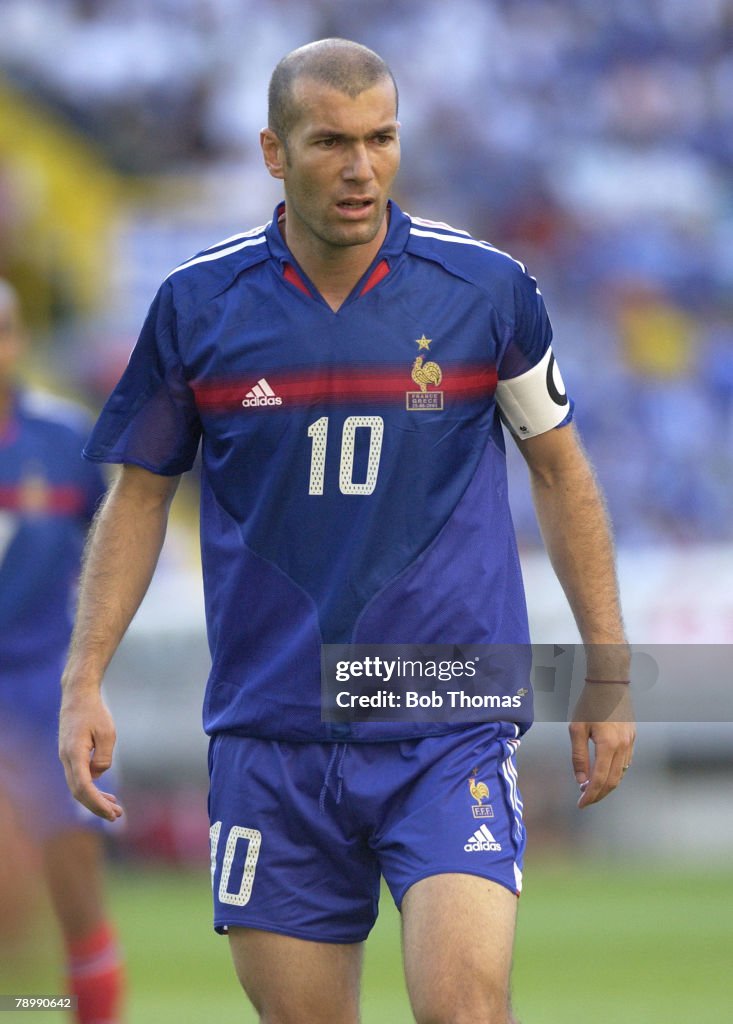 BT Sport. Football. UEFA European Championships. Euro 2004. Jose Alvalade Stadium, Lisbon. 25th June 2004. Quarter Final. France 0 v Greece 1. Zinedine Zidane of France.