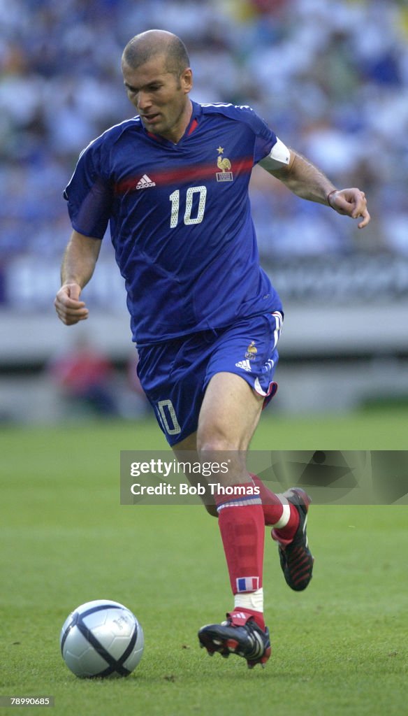 BT Sport. Football. UEFA European Championships. Euro 2004. Jose Alvalade Stadium, Lisbon. 25th June 2004. Quarter Final. France 0 v Greece 1. Zinedine Zidane of France.