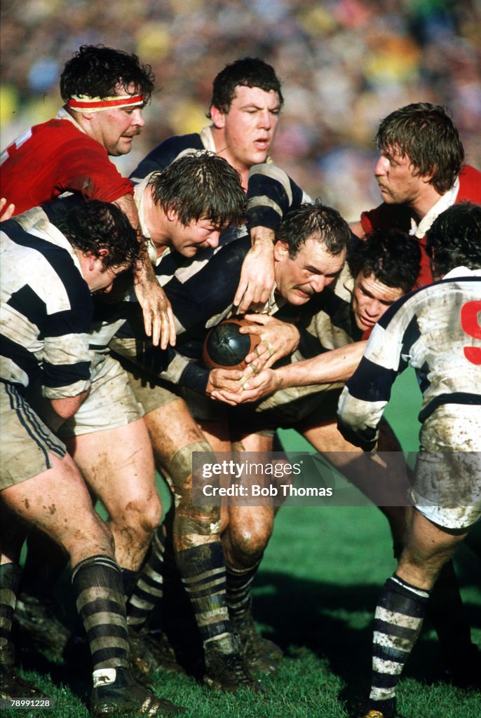 Sport. Rugby Union. pic: 18th May 1983. Lions Tour of New Zealand. Auckland. Auckland 13. v British Lions 12. Auckland's All Black Andy Haden, centre, has possession as his team-mates give cover.