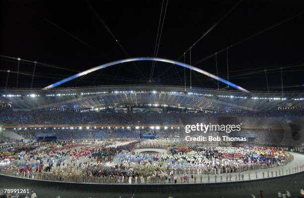 Sport, Olympic Games, Athens, Greece, 13th August 2004, Opening Ceremony, The competeing teams all in the centre of the stadium as the ceremony draws...