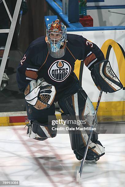 Mathieu Garon of the Edmonton Oilers skates on to the ice during the NHL game against the Phoenix Coyotes at the Rexall Place on January 10, 2008 in...