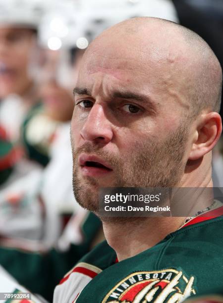 Pavol Demitra of the Minnesota Wild watches the action from the bench during a NHL game against the Detroit Red Wings on January 10, 2008 at Joe...