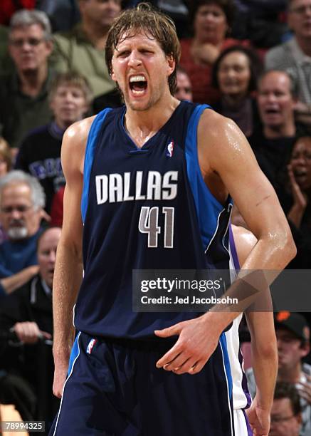 Dirk Nowitzki of the Dallas Mavericks reacts to a call against the Sacramento Kings during an NBA game at ARCO Arena January 14, 2008 in Sacramento,...