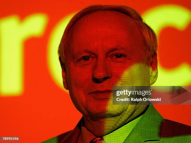 Oskar Lafontaine, chairman of the German Left Party, 'Die Linke', attends an election rally to support Willi van Ooyen on January 14, 2008 in...