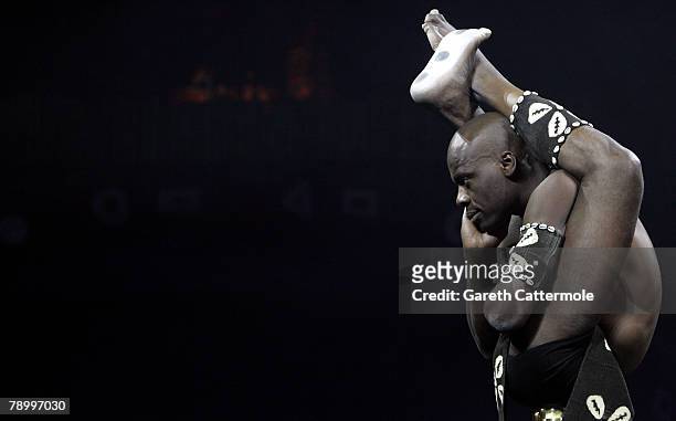 Contortionist performs on stage during the AFRIKA! AFRIKA! photocall at the O2 Arena on January 15, 2008 in London, England. AFRIKA! AFRIKA! is a...