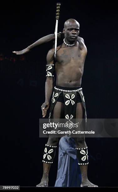 Contortionist performs on stage during the AFRIKA! AFRIKA! photocall at the O2 Arena on January 15, 2008 in London, England. AFRIKA! AFRIKA! is a...