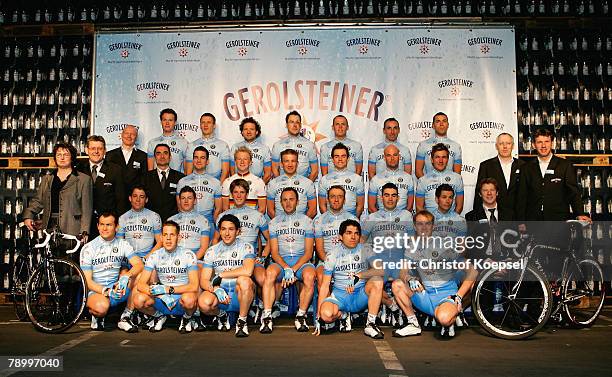 The Gerolsteiner team poses after the presentation of the German cycling team Gerolsteiner on January 15, 2008 in Gerolstein, Germany.