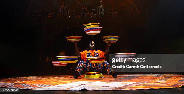 Performer performs on stage during the AFRIKA! AFRIKA! photocall at the O2 Arena on January 15, 2008 in London, England. AFRIKA! AFRIKA! is a circus...