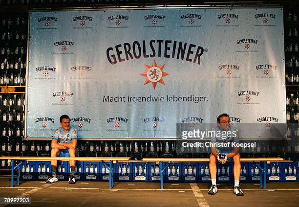 Sebastian Lang and Volker Orlowski take place for the official team shoot during the presentation of the German cycling team Gerolsteiner on January...