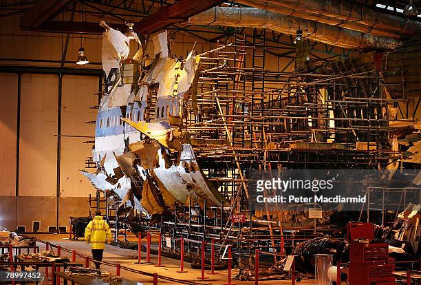 The reconstructed remains of Pan Am flight 103 lie in a warehouse on January 15, 2008 in Farnborough, England. The Air Accident Investigation Branch...