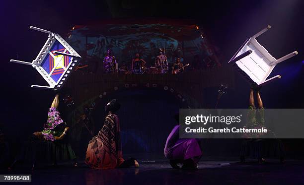 Dancers perform on stage during the AFRIKA! AFRIKA! photocall at the O2 Arena on January 15, 2008 in London, England. AFRIKA! AFRIKA! is a circus...