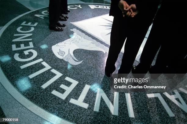 The CIA symbol is shown on the floor of CIA Headquarters, July 9, 2004 at CIA headquarters in Langley, Virginia. Earlier today the Senate...