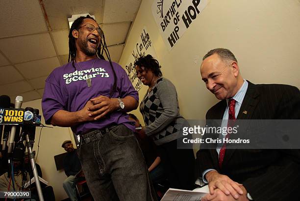 Clive Campbell, also konwn as DJ Kool Herc smiles at Sen. Charles Schumer during a press conference about the fate of 1520 Sedgwick Avenue, a...