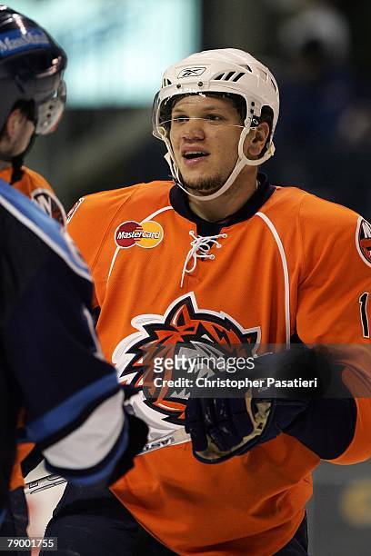 Right wing Kyle Okposo of the Bridgeport Sound Tigers during the third period against the Springfield Falcons on January 12, 2008 at the Arena at...