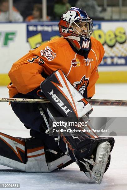 Goaltender Mike Morrison of the Bridgeport Sound Tigers during the first period against the Springfield Falcons on January 12, 2008 at the Arena at...