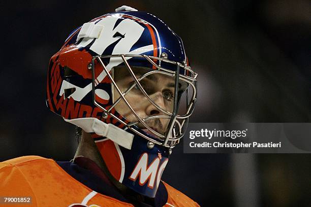 Goaltender Mike Morrison of the Bridgeport Sound Tigers during the first period against the Springfield Falcons on January 12, 2008 at the Arena at...