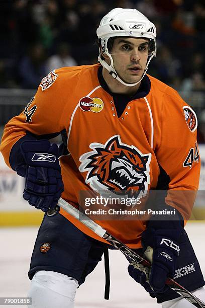 Defenseman Drew Fata of the Bridgeport Sound Tigers during the first period against the Springfield Falcons on January 12, 2008 at the Arena at...