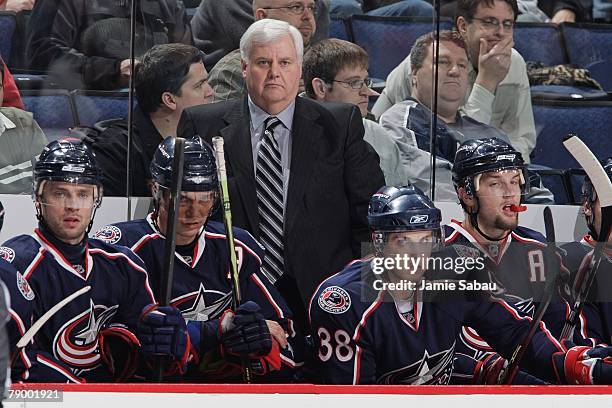 Head Coach Ken Hitchcock of the Columbus Blue Jackets watches the game against the St. Louis Blues from the bench on January 11, 2008 at Nationwide...