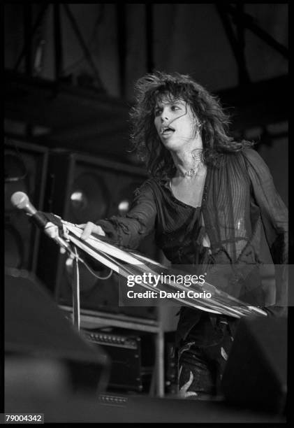 Singer Steven Tyler of the rock band "Aerosmith" performs onstage at Reading Festival in August 1976 in England.