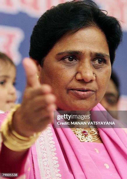 Chief Minister of the Indian state of Uttar Pradesh and Bahujan Samaj Party Chief, Mayawati gestures during a media conference in New Delhi, 15...