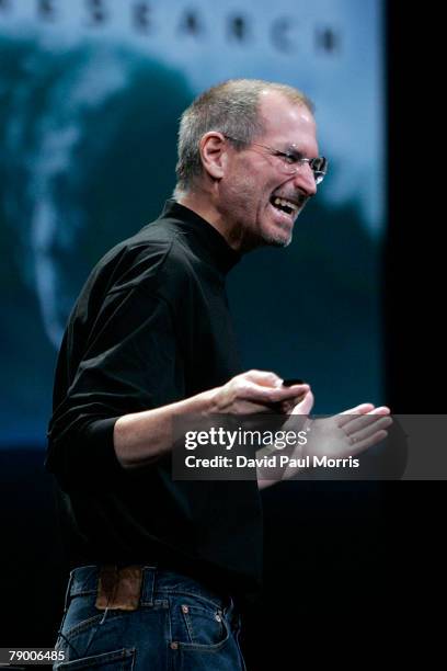 Apple CEO and co-founder Steve Jobs delivers the keynote speech to kick off the 2008 Macworld at the Moscone Center January 15, 2008 in San...