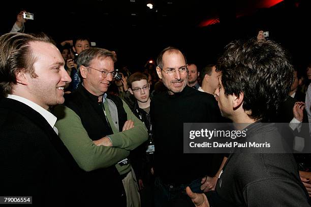 You Tube founder, Chad Hurley, Google CEO Eric Schmidt, Apple CEO and co-founder Steve Jobs and Google co-founder Sergey Brin, talk after Jobs...