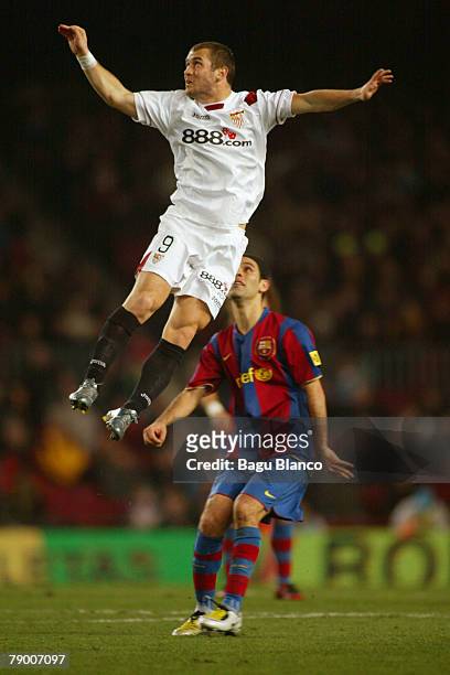 Kerzhakov of Sevilla jumps during the Copa del Rey match between FC Barcelona and Sevilla, played at the Camp Nou stadium on January 15, 2008 in...