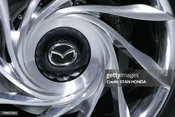 The front wheel of the Mazda Taiki concept car, is seen 15 January 2008, at the North American International Auto Show in Detroit, Michigan. AFP...