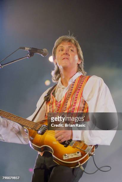 English musician, singer songwriter and former Beatle Paul McCartney performs live on stage during a warm up concert to launch the New World Tour at...