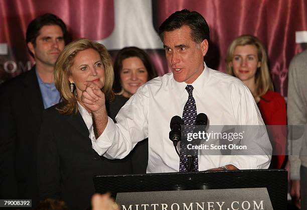 Republican Presidential hopeful former Massachusetts Gov. Mitt Romney speaks to supporters while his wife Ann Romney looks on at a post-primary...