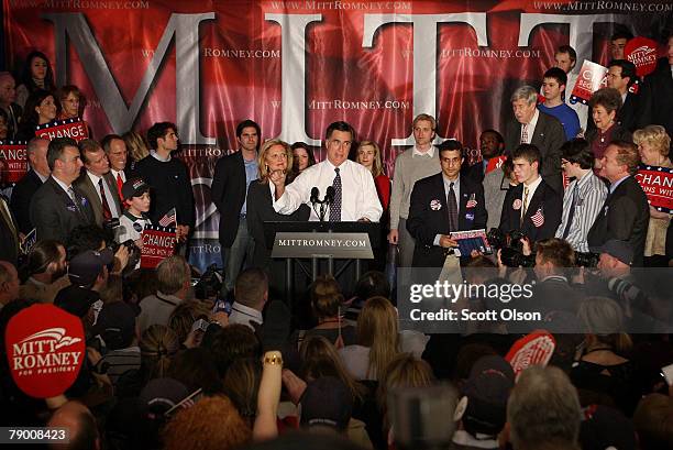 Republican Presidential hopeful former Massachusetts Gov. Mitt Romney speaks to supporters while his wife Ann Romney looks on at a post-primary...