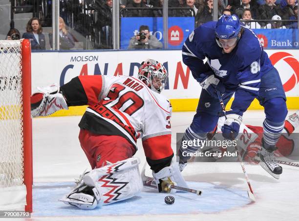 Nik Antropov of the Toronto Maple Leafs has a shot stopped in close by Cam Ward of the Carolina Hurricanes January 15, 2008 at the Air Canada Centre...