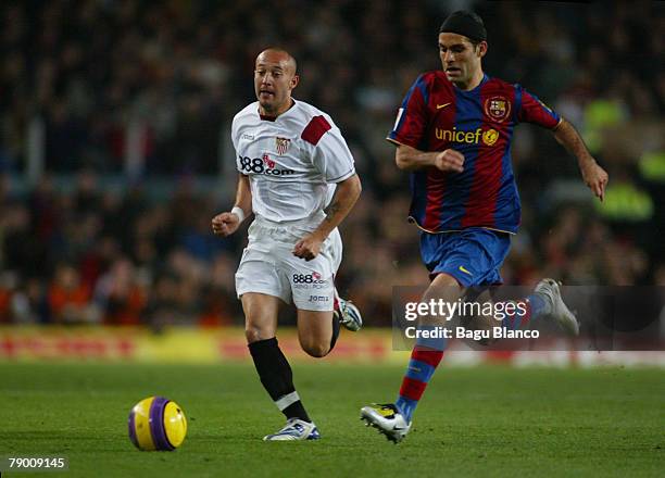 Rafael Marquez of Barcelona and Chevanton of Sevilla in action during the Copa del Rey match between FC Barcelona and Sevilla, played at the Camp Nou...
