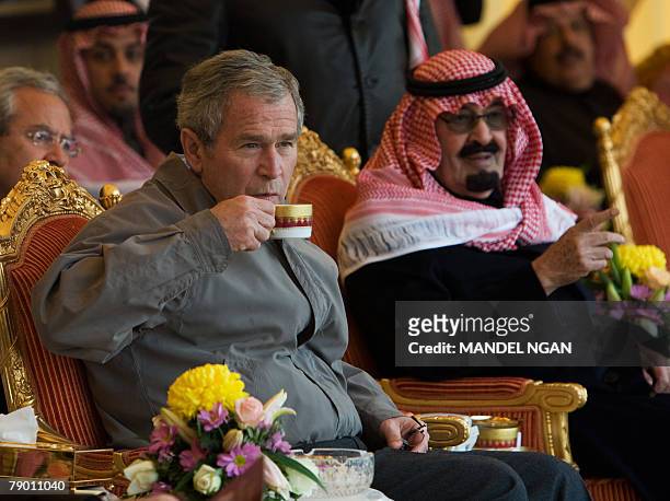 President George W. Bush sips a cup of tea while viewing horses belonging to Saudi King Abdullah bin Abdul Aziz al-Saud , 15 January 2008 at the...