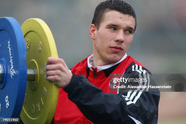 Lukas Podolski looks on during the Bayern Munich training session on January 16, 2008 in Marbella, Spain.