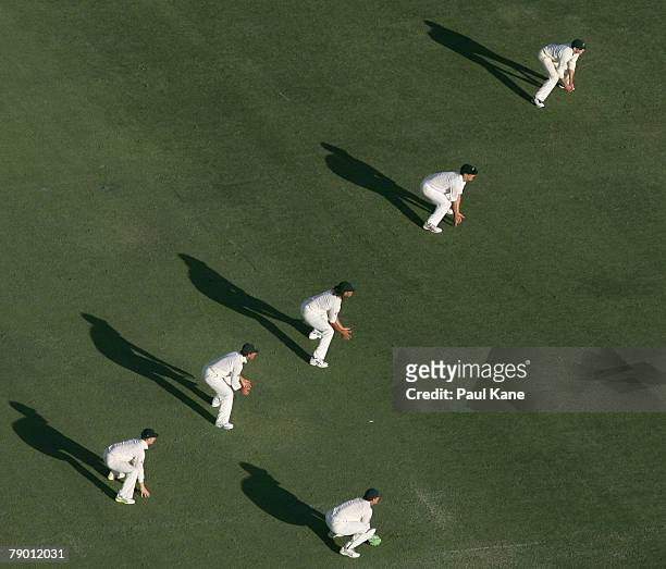 The Australian slips cordon await a delivery during day one of the Third Test match between Australia and India at the WACA on January 16, 2008 in...