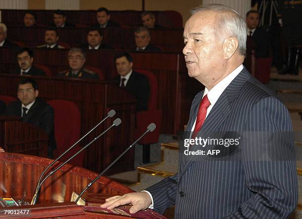 President of Uzbekistan Islam Karimov speaks at his inaugeration in Tashkent, 16 January 2008. Uzbek strongman Karimov, who has led his gas-rich...