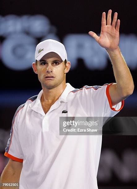 Andy Roddick of the United States of America celebrates a correct call challenge during his second round match against Michael Berrer of Germany on...