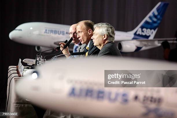 Airbus CEO Tom Enders delivers his speech with Tom Williams, Fabrice Bregier and Tom Leahy as they announce their annual results at the Airbus...