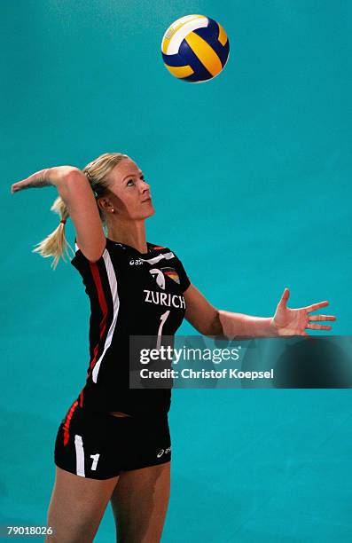 Hanka Pachale of Germany serves during the Women Beijing 2008 Olympic Games Qualification match between Poland and Germany in the Gerry Weber stadium...