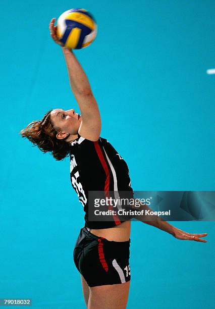 Angelina Gruen of Germany serves during the Women Beijing 2008 Olympic Games Qualification match between Poland and Germany in the Gerry Wewber...