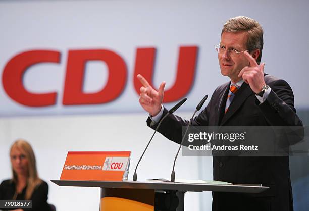 Christian Wulff of the Christian Democratic Union and Governor of Lower Saxony speaks during the CDU party election campaign of Lower Saxony on...